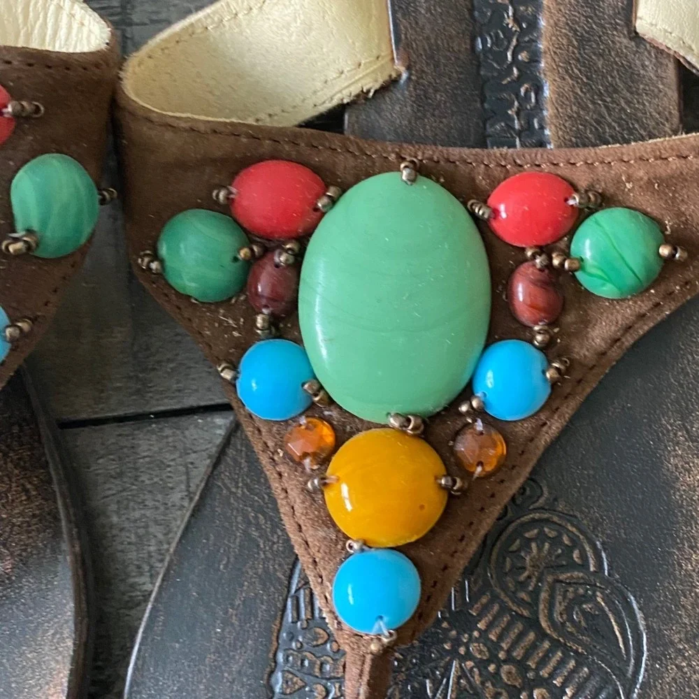 Naughty Monkey Womens Brown Beaded Thong Sandals Boho Multi-Color Sz 7.5 Hippie